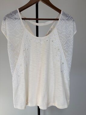 Miss Me Butter Yellow Slub Knit Top Embroidered Rhinestone Mesh Sleeves | Sz M